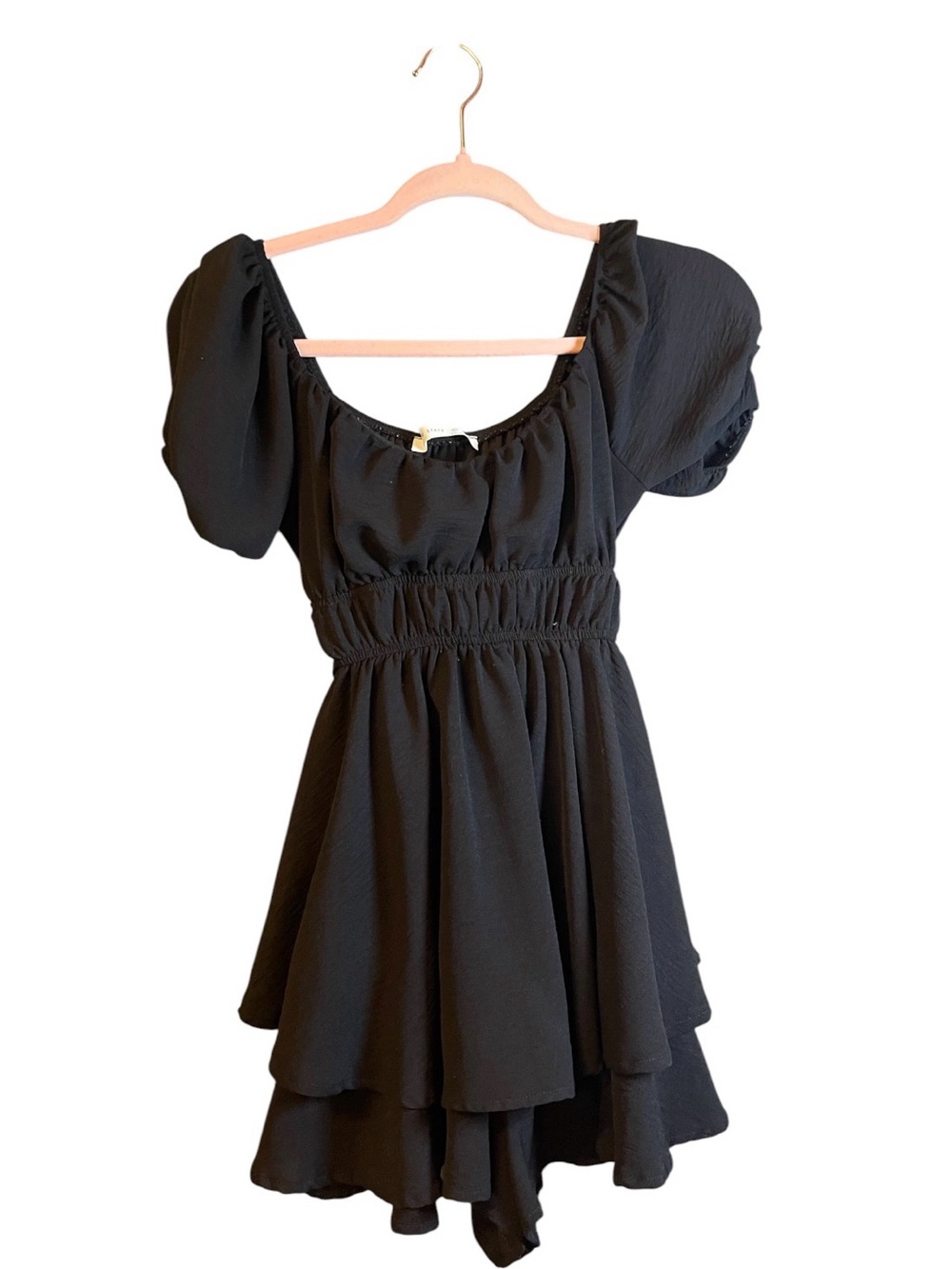 Altar'd State Black Square Neck Puff Sleeve Tiered Mini Dress - Picture 2 of 4